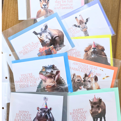 Comical Animal Birthday Cards with Colour Envelopes (Pack of 8)